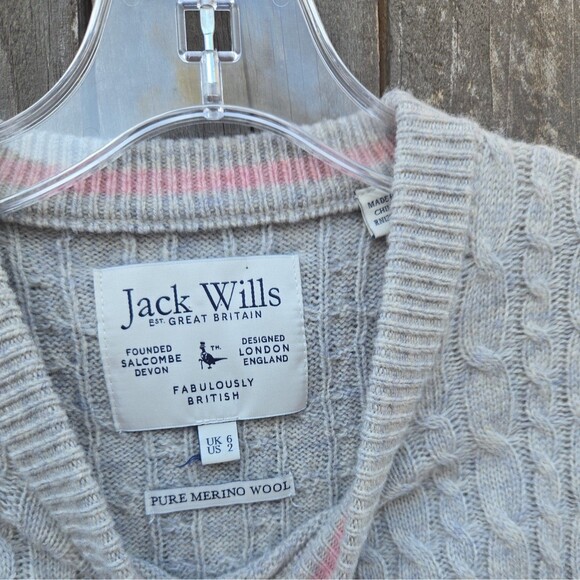 JACK WILLS Vintage Pullover Gray Pure Merino Wool Knit Sweater Women's Size 2 - Picture 4 of 7